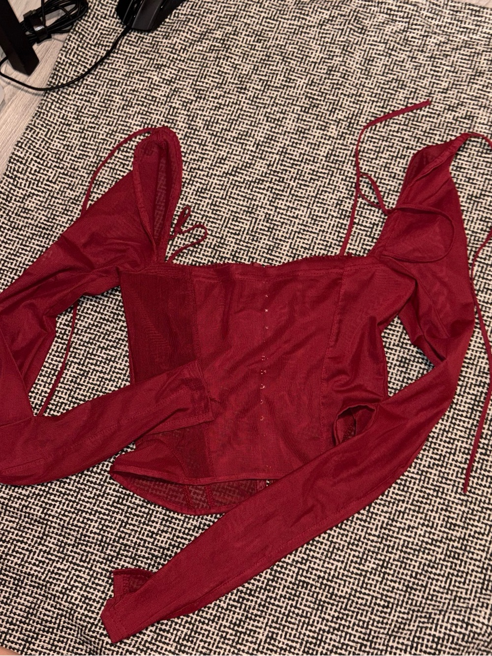 Red Long Sleeve Corset-Style Crop Top